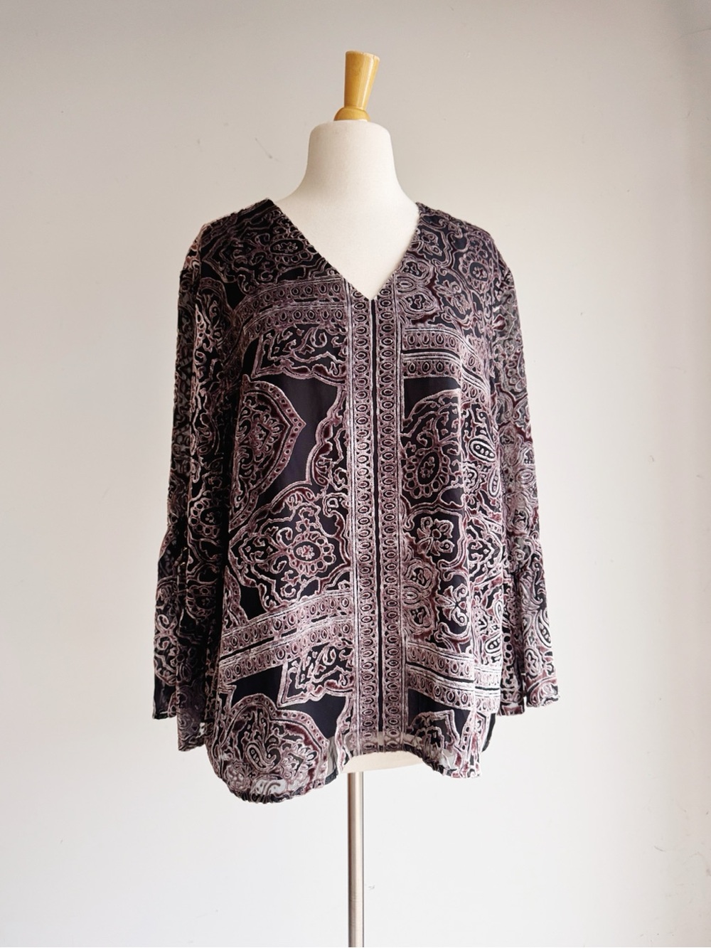 Chico's Velvet Burnout Paisley Blouse Purple Bell Sleeve 1/2X